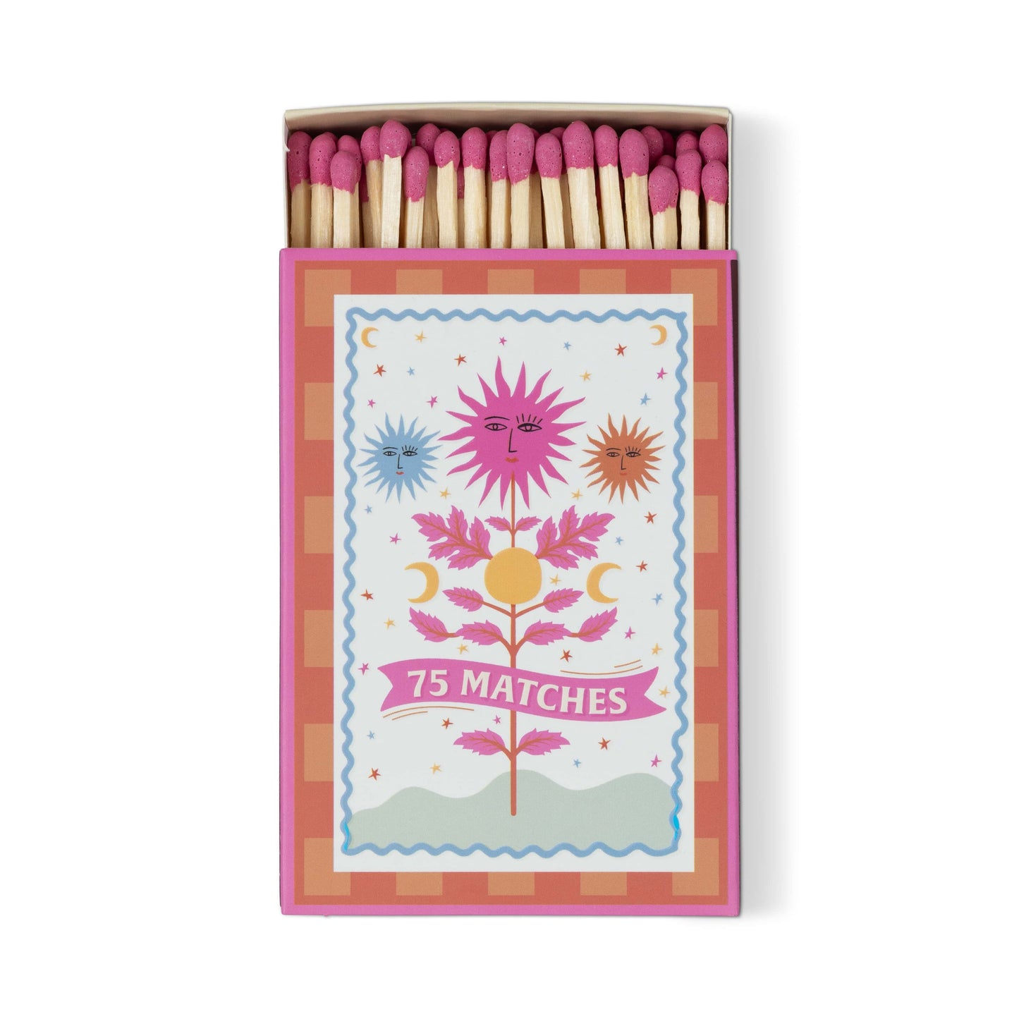 The A Dopo "Sun" - 75ct Boxed Matches feature a pink and orange box with floral, sun, and moon designs, holding pink-tipped safety matches—perfect for lighting your favorite A Dopo candle.
