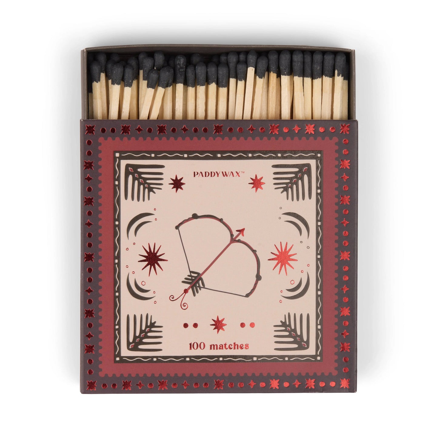 Bow & Arrow - Black Matches: A decorative matchbox with 100 jumbo black-tipped matches, featuring a bow and arrow design with red stars—perfect as a stylish candle accessory for your home.