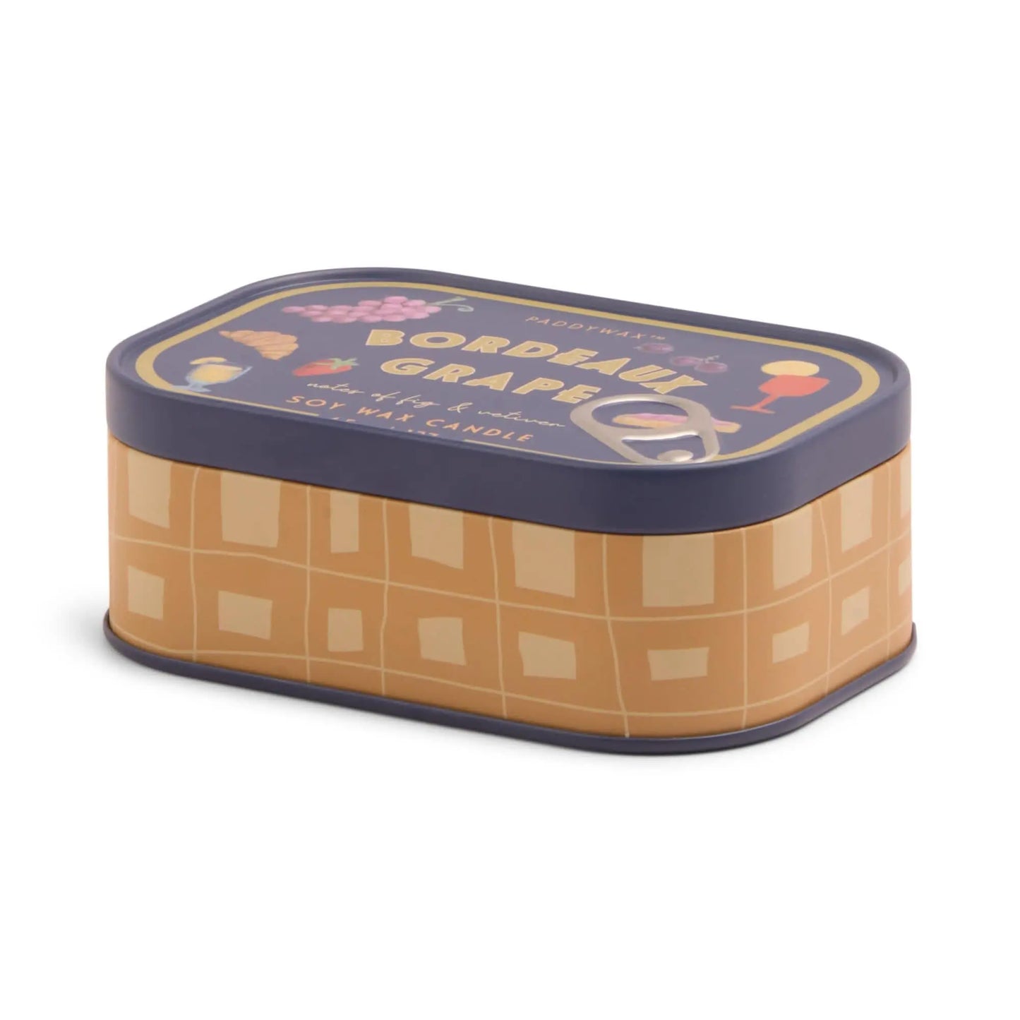The Bordeaux Grape - Bistro 4.5 oz Tin Candle comes in a rectangular tin with an illustrated lid of grapes and wine, and features a yellow and orange checkered pattern on the sides—perfect for bistro settings.