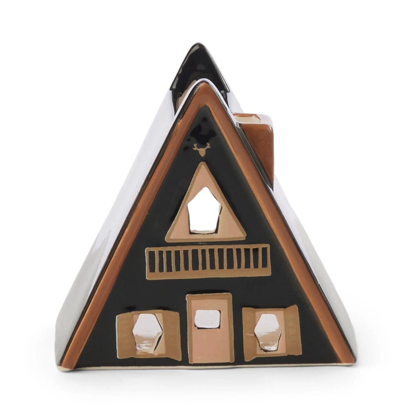 No. 01 The Nordic Cabin is a ceramic, A-frame house with black and brown accents, window and door cutouts, plus a deer head ornament—perfect as a cozy Scandinavian incense or tea light holder.