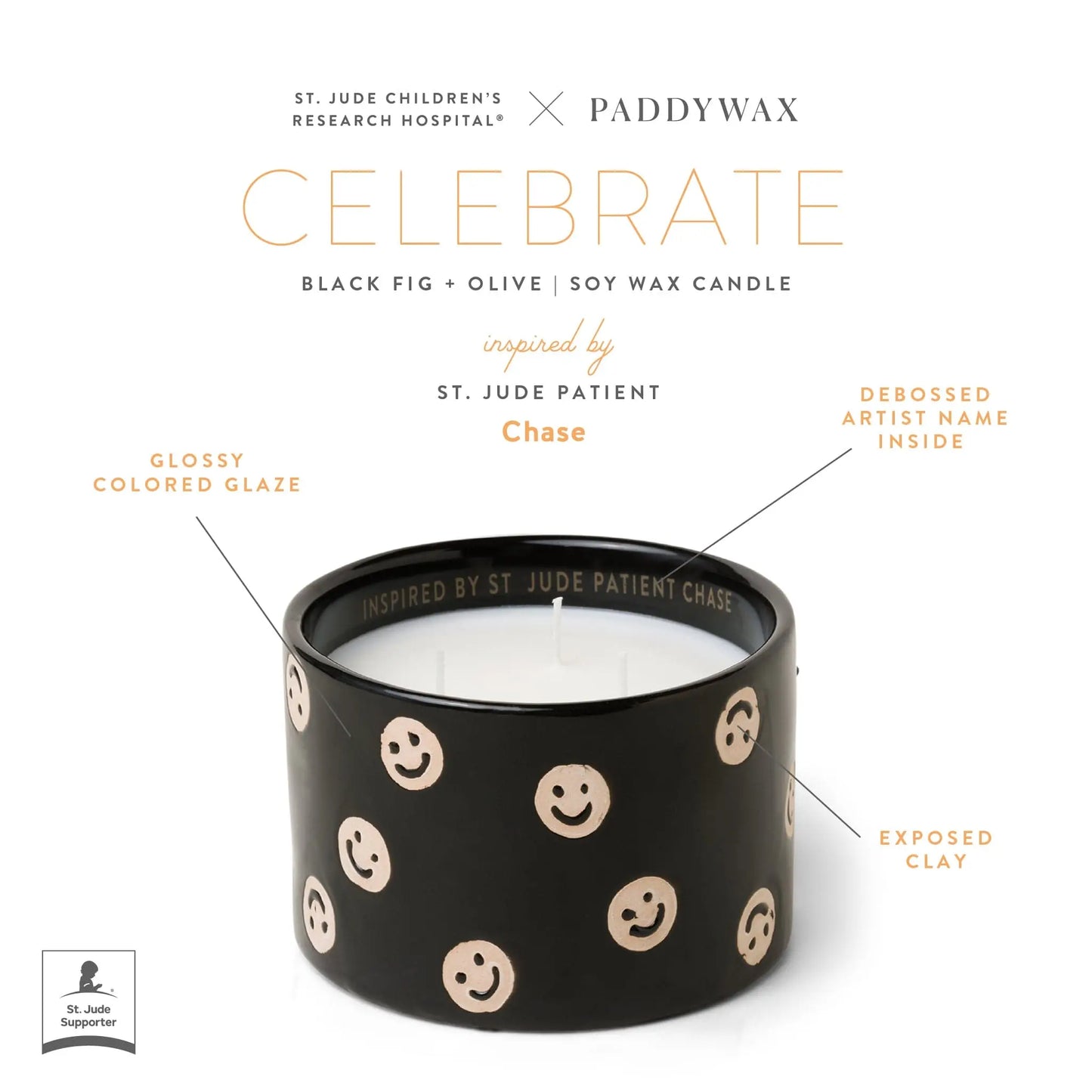 The Black Fig + Olive - St. Jude Giveback "Celebrate" 11 oz. Candle features black soy wax, tan smiley faces, a glossy glaze, exposed clay, and "Inspired by St. Jude Patient Chase" inside—a heartfelt Paddywax x St. Jude collaboration.