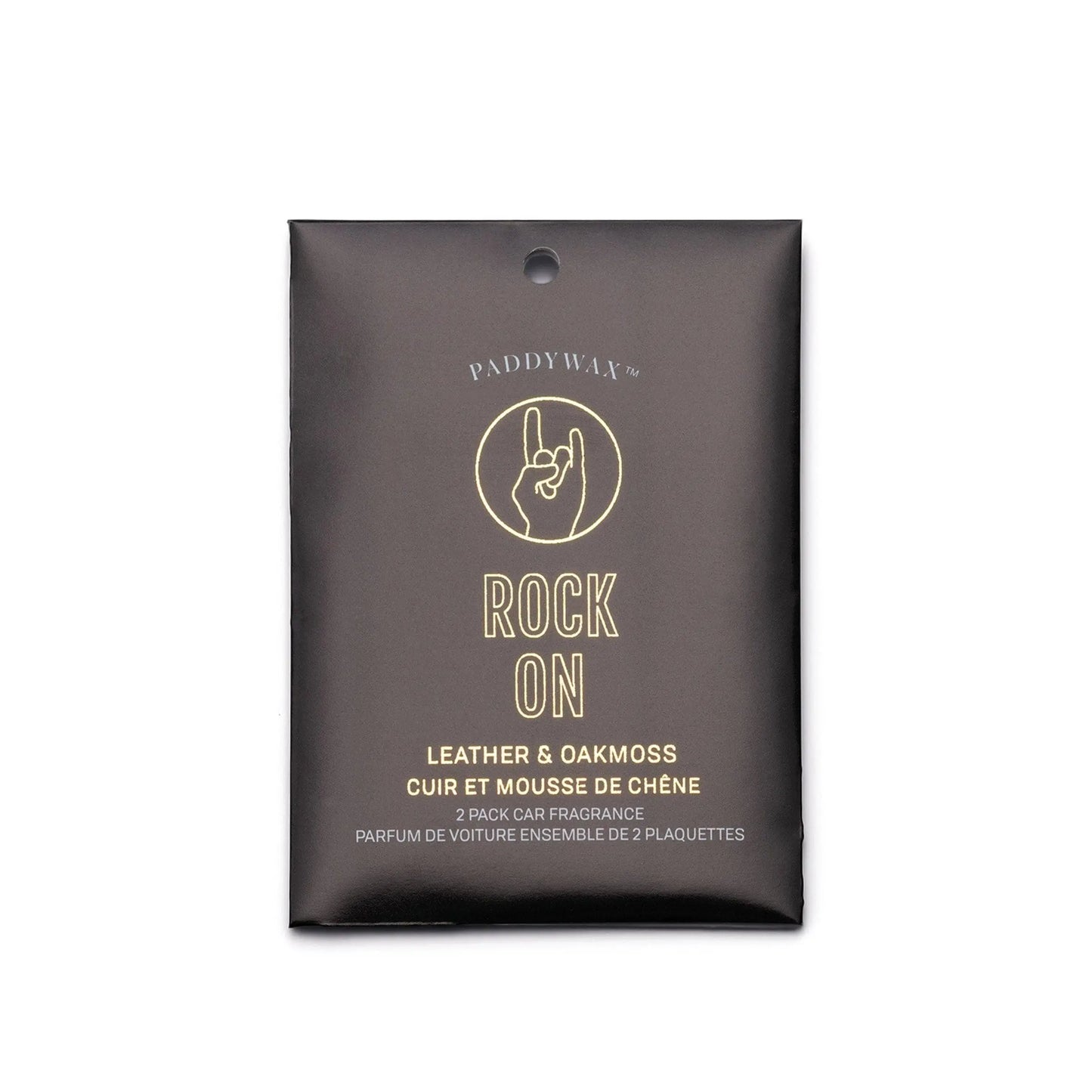 A black packet labeled "Leather + Oakmoss 'Rock On' - Impressions Car Fragrance" features a hand sign illustration and contains a 2-pack of hanging air fresheners for car fragrance.