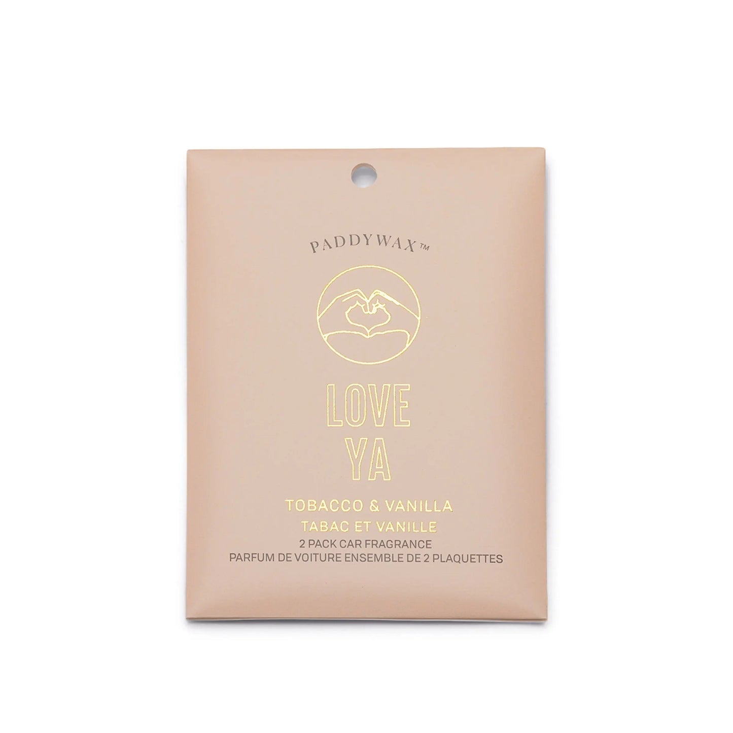 A beige packet of Tobacco + Vanilla "Love Ya" - Impressions Car Fragrance, featuring two scented plaques with notes of tobacco, vanilla, and sandalwood.