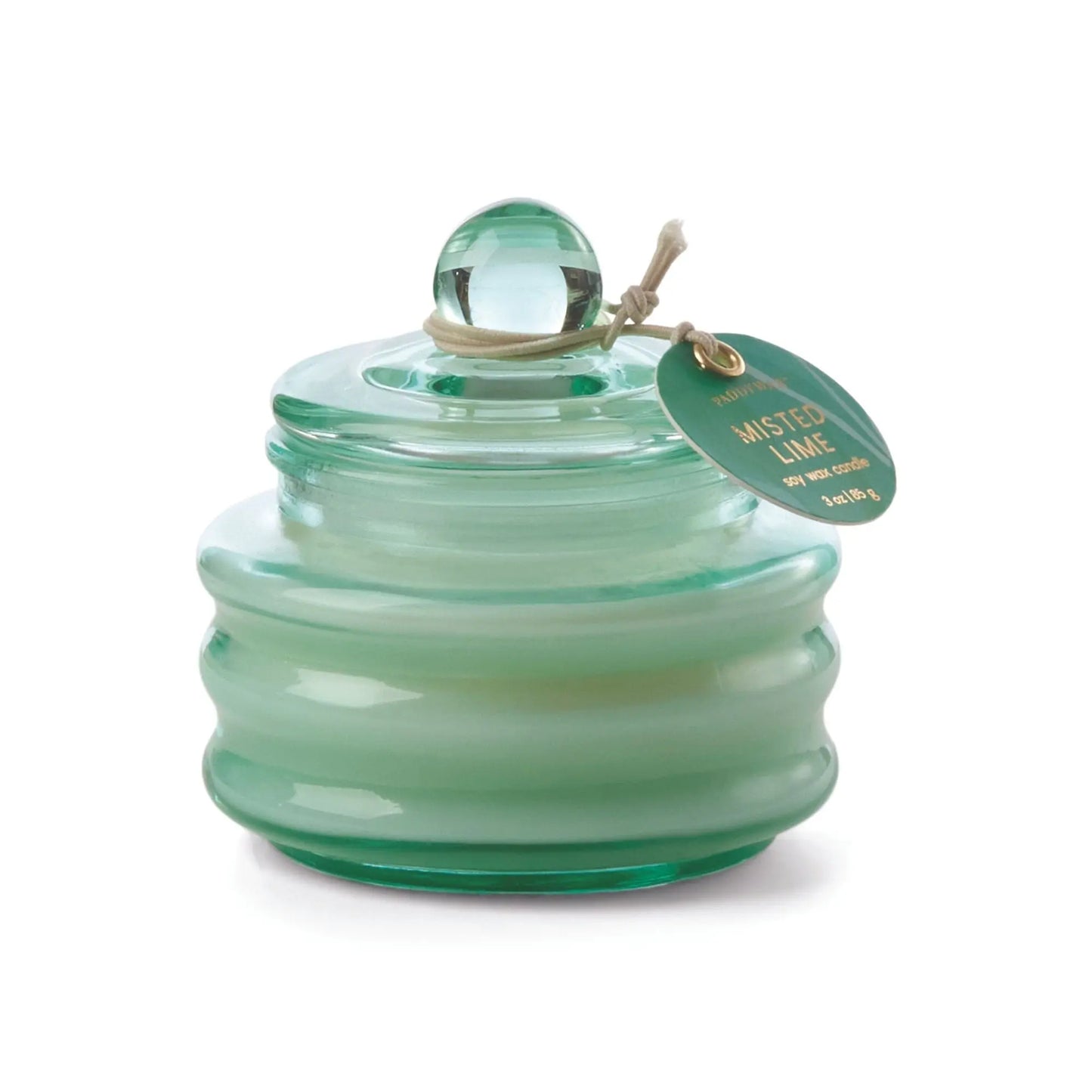 The Misted Lime - Beam 3 oz Candle features a green frosted glass jar with a round lid and a “Misted Lime” tag, filling any space with luxurious scent and creating beautiful ambient light.