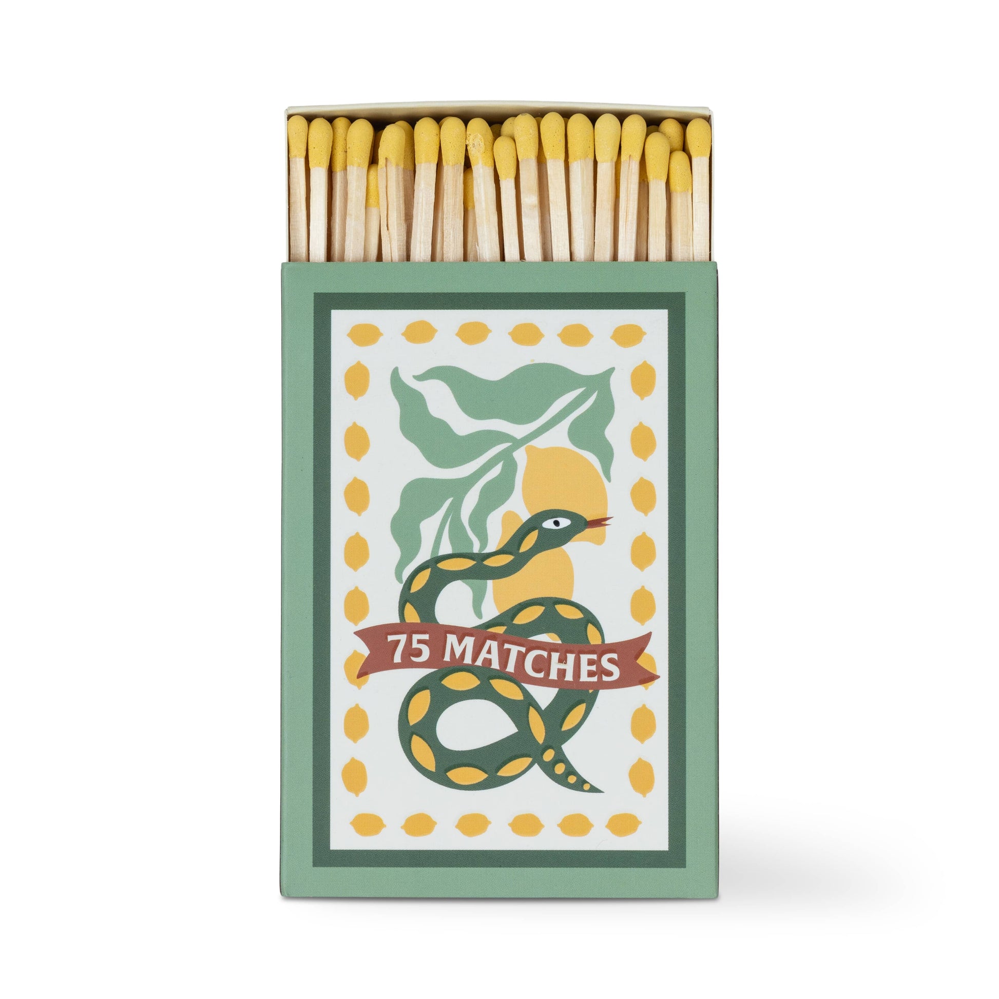 A Dopo "Snake" - 75ct Boxed Matches: Safety matches with yellow tips in a box featuring a green and yellow snake wrapped around a "75 MATCHES" banner, accented by green leaves and yellow dots. The perfect match for your A Dopo candle.