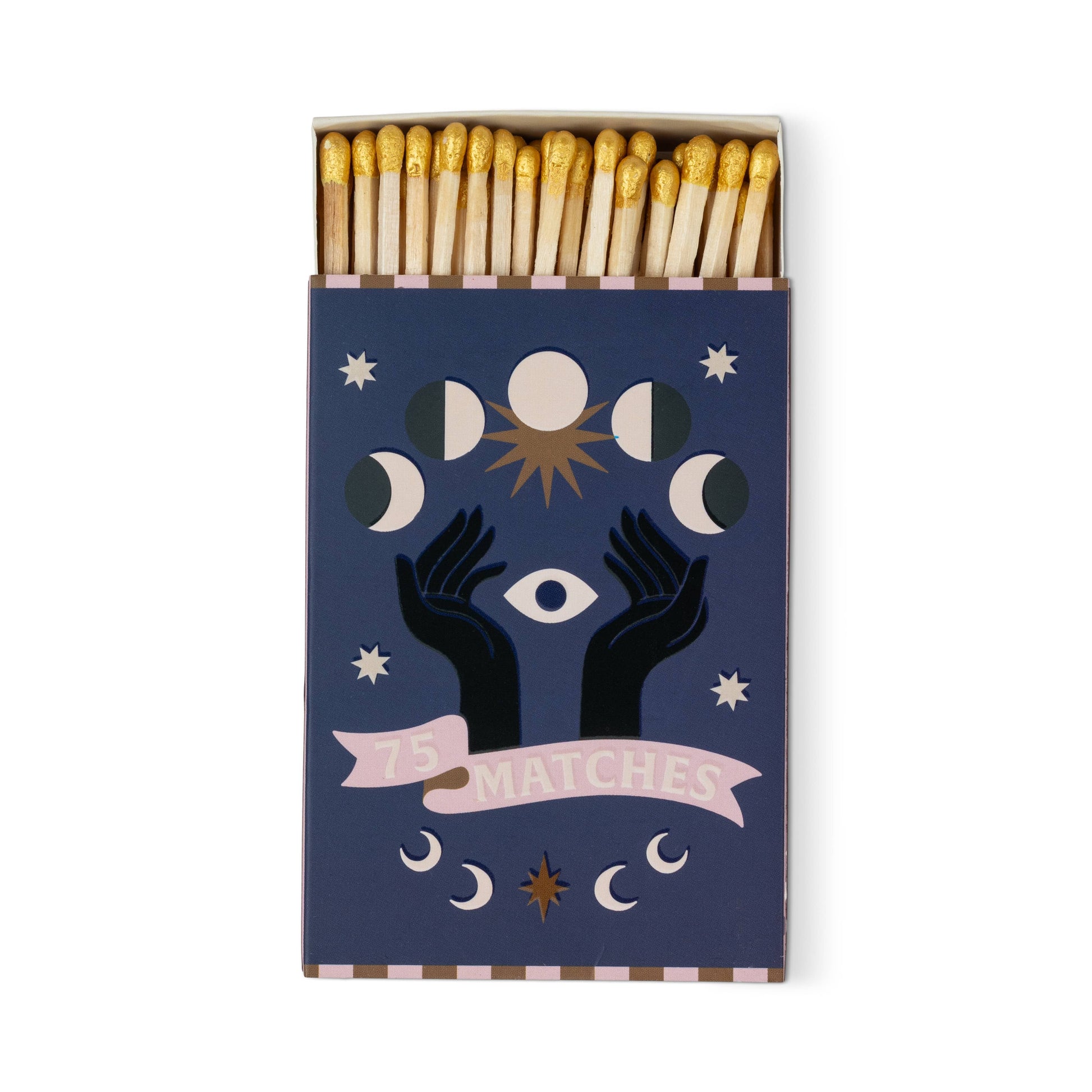 A Dopo "Moon" - 75ct Boxed Matches: Gold-tipped safety matches in a dark blue box with mystical designs—two black hands, an eye, moon phases, stars, and a pink "75 MATCHES" banner. Ideal for lighting your A Dopo candle or bringing Mediterranean vibes.