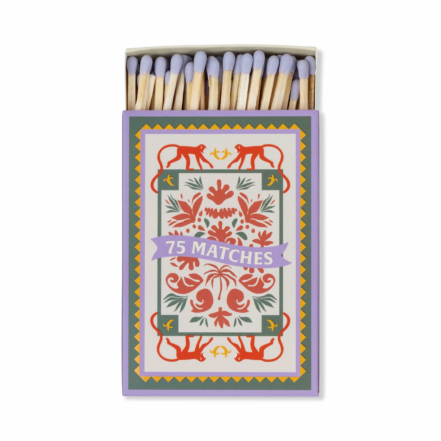A Dopo "Jungle" - 75ct Boxed Matches: safety matches with pale purple tips and a Mediterranean-inspired label featuring red animals, floral patterns, and a central purple banner marked “75 MATCHES.”.