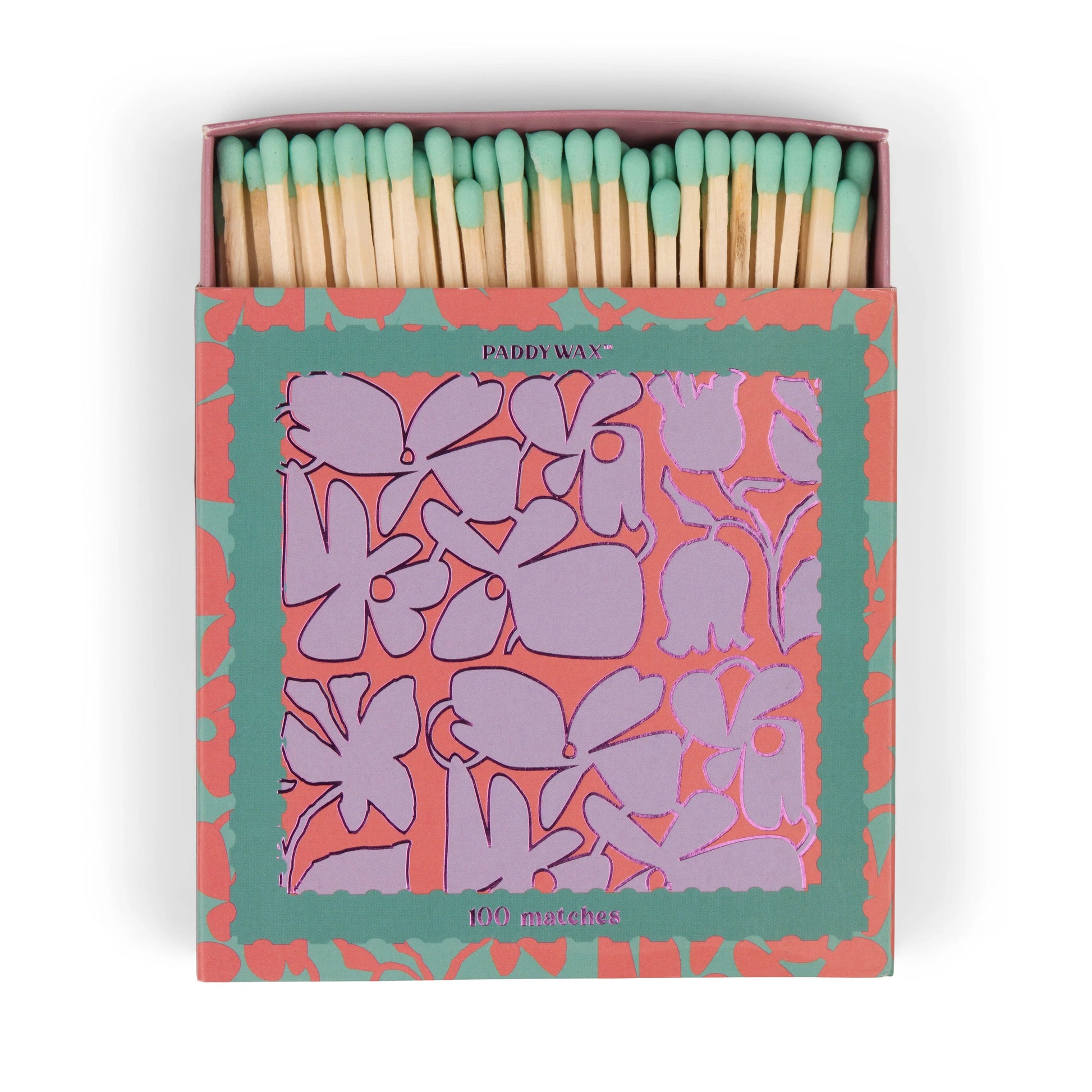 An open matchbox of jumbo matches with green tips and an abstract floral design in teal, labeled “Abstract Floral - Teal Matches”—a stylish candle accessory.