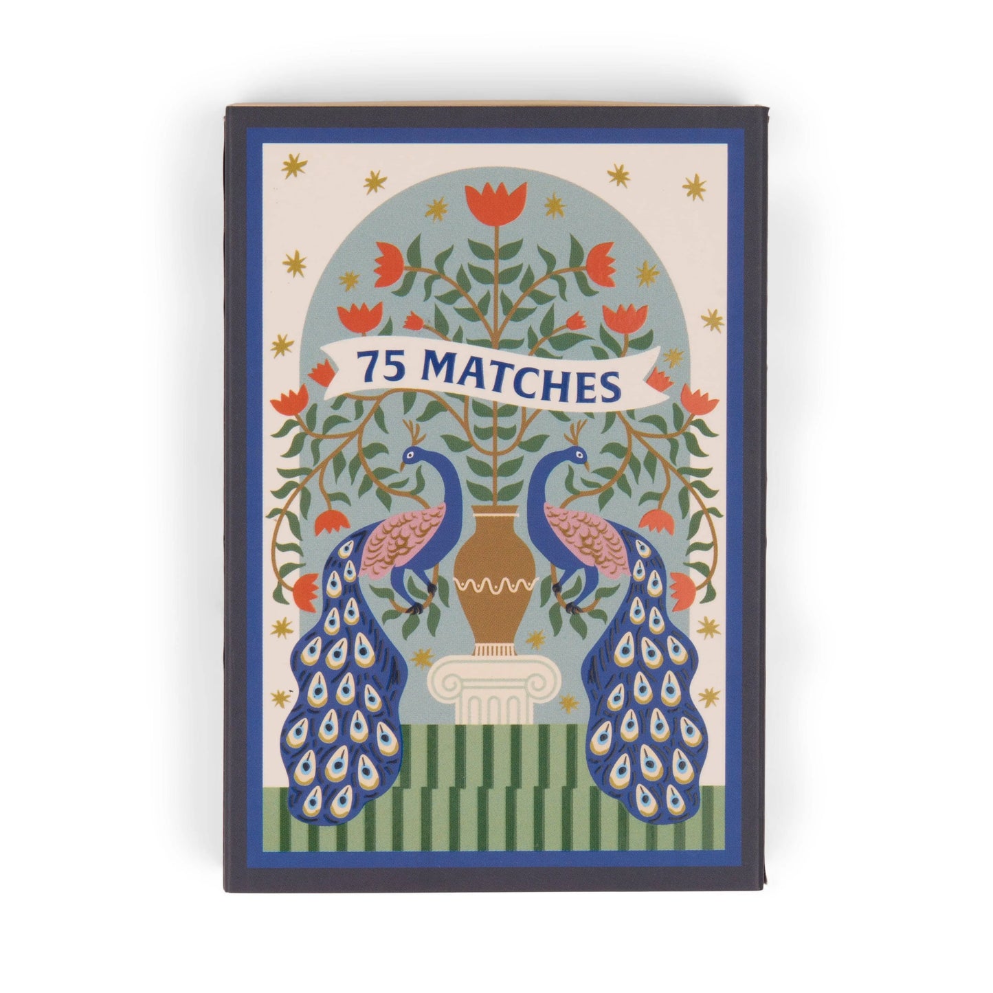 The A Dopo "Peacock" - 75ct Boxed Matches showcases two peacocks and a red-flowered tree on the box—ideal for lighting your A Dopo candle or enhancing your safety matchbox collection.