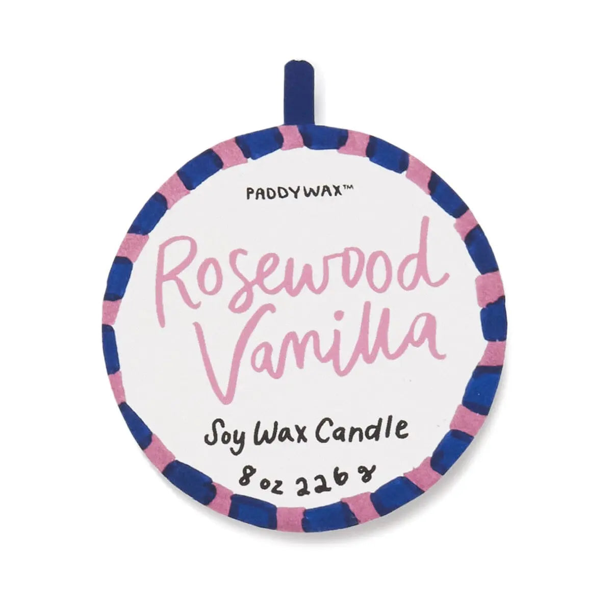 A round label for the Rosewood Vanilla - A Dopo 8 oz Candle, a soy wax candle inspired by Mediterranean fragrances, with scent notes of Rosewood Vanilla and a weight of 8 oz (226 g).