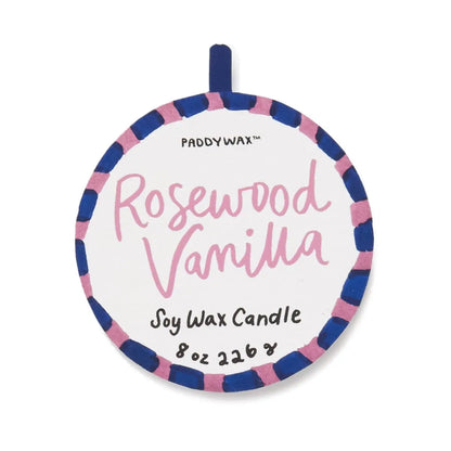 A round label for the Rosewood Vanilla - A Dopo 8 oz Candle, a soy wax candle inspired by Mediterranean fragrances, with scent notes of Rosewood Vanilla and a weight of 8 oz (226 g).