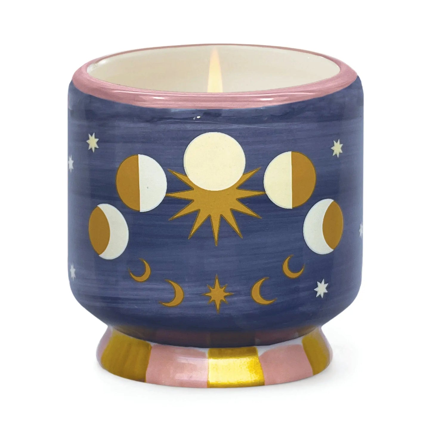 The Jasmine & Rose - A Dopo 8 oz Candle is a hand-painted ceramic candle holder featuring moon phases, stars, and a sun motif with blue, pink, and gold accents.