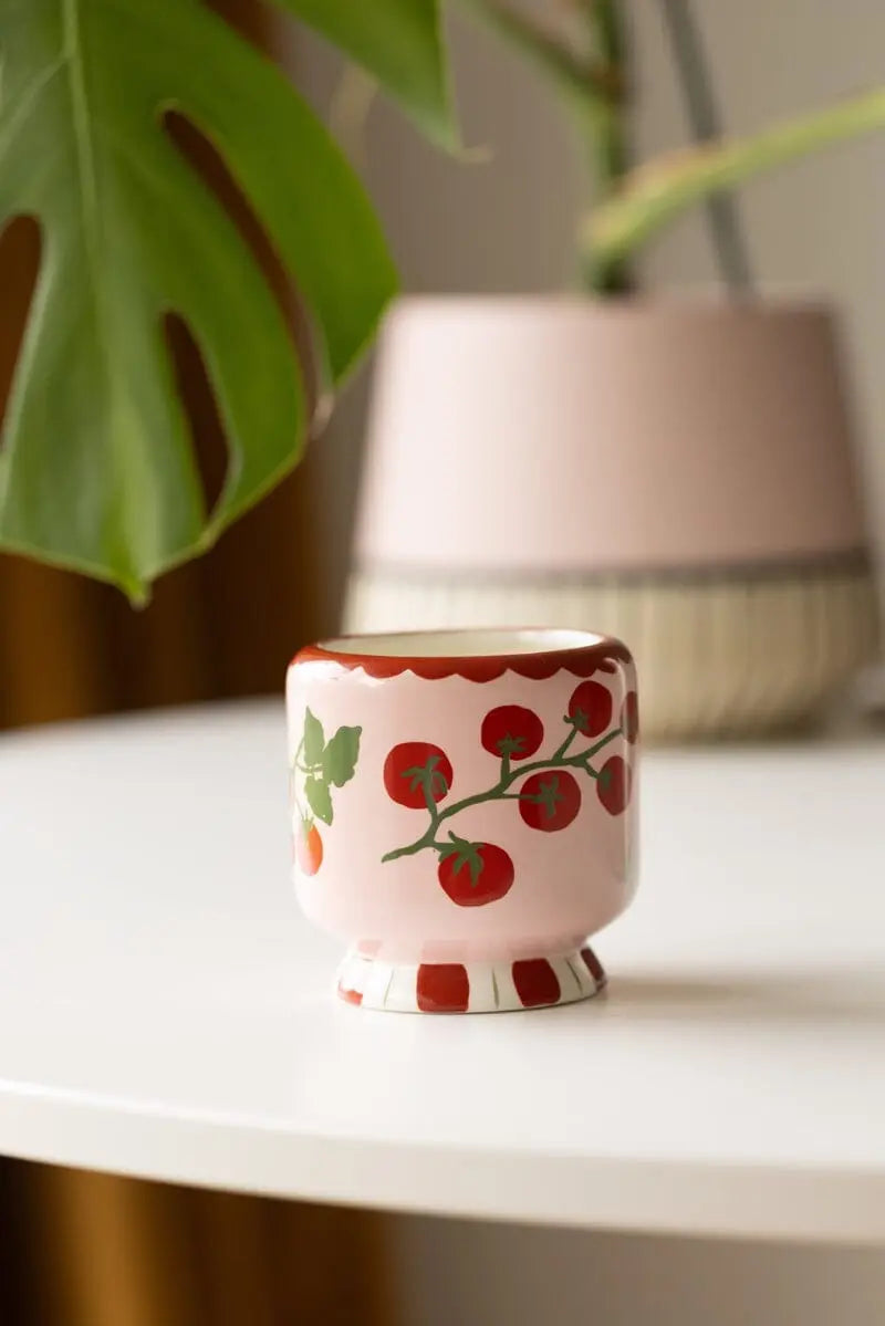 The Heirloom Tomato - A Dopo 8 oz Candle, in a small pink ceramic cup with a red tomato vine design, is perfect for candle lovers and displays beautifully on a white table with greenery in the background.