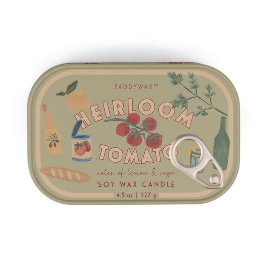 The Heirloom Tomato - Bistro 4.5 oz Tin Candle comes in a sardine can-inspired tin with pull tab, featuring Parisian café scent and illustrations of tomatoes, lemon, sage, bread, and bottles.