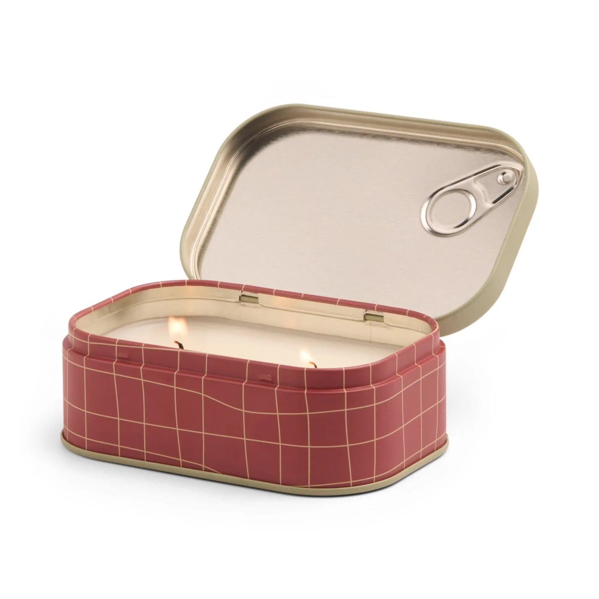 The Heirloom Tomato - Bistro 4.5 oz Tin Candle features a pink and gold rectangular tin with a sardine can-like partially opened lid, holding a white dual-wick candle that fills the air with a Parisian café-inspired fragrance.
