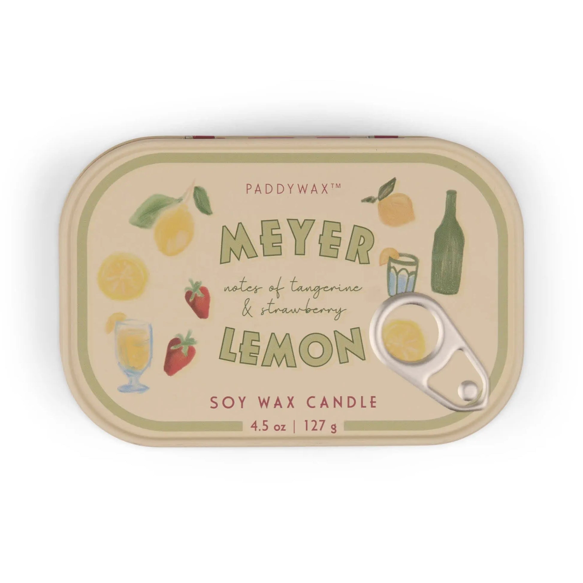 The Meyer Lemon - Bistro 4.5 oz Tin Candle comes in a rectangular tin labeled with lemon, strawberry, and drink graphics. This soy wax candle features notes of tangerine and strawberry and includes a pull-tab. Weight: 4.5 oz (127 g).