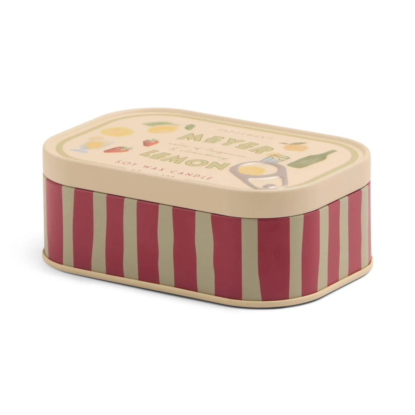 The Meyer Lemon - Bistro 4.5 oz Tin Candle is a rectangular tin with vertical red and beige stripes, and a cream lid decorated with lemons and kitchen items. The lid reads "Meyer Lemon Soy Wax Candle" for an appealing scented experience.