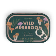 The Wild Mushroom - Bistro 4.5 oz Tin Candle features mushroom and greenery illustrations, pepper & patchouli scent notes, a convenient pull-tab lid, and makes a perfect cozy space accent.