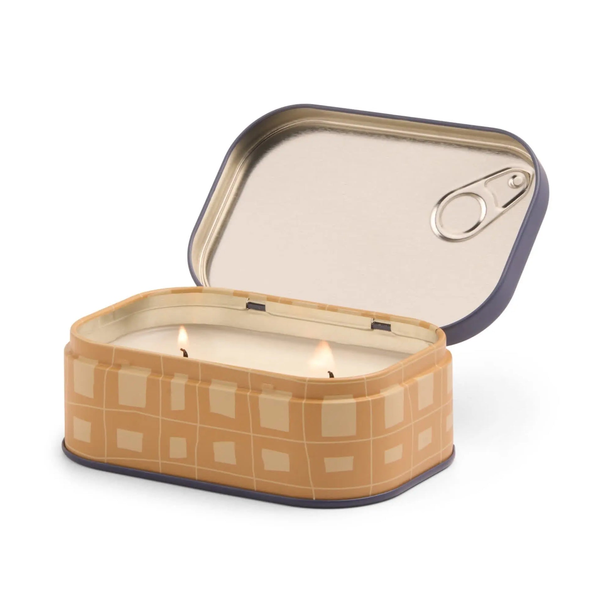 The Bordeaux Grape - Bistro 4.5 oz Tin Candle comes in a rectangular tin with a pull-tab lid, revealing a two-wick scented candle. Its beige checkered pattern adds charm to any Bistro candle display or decorative collection.
