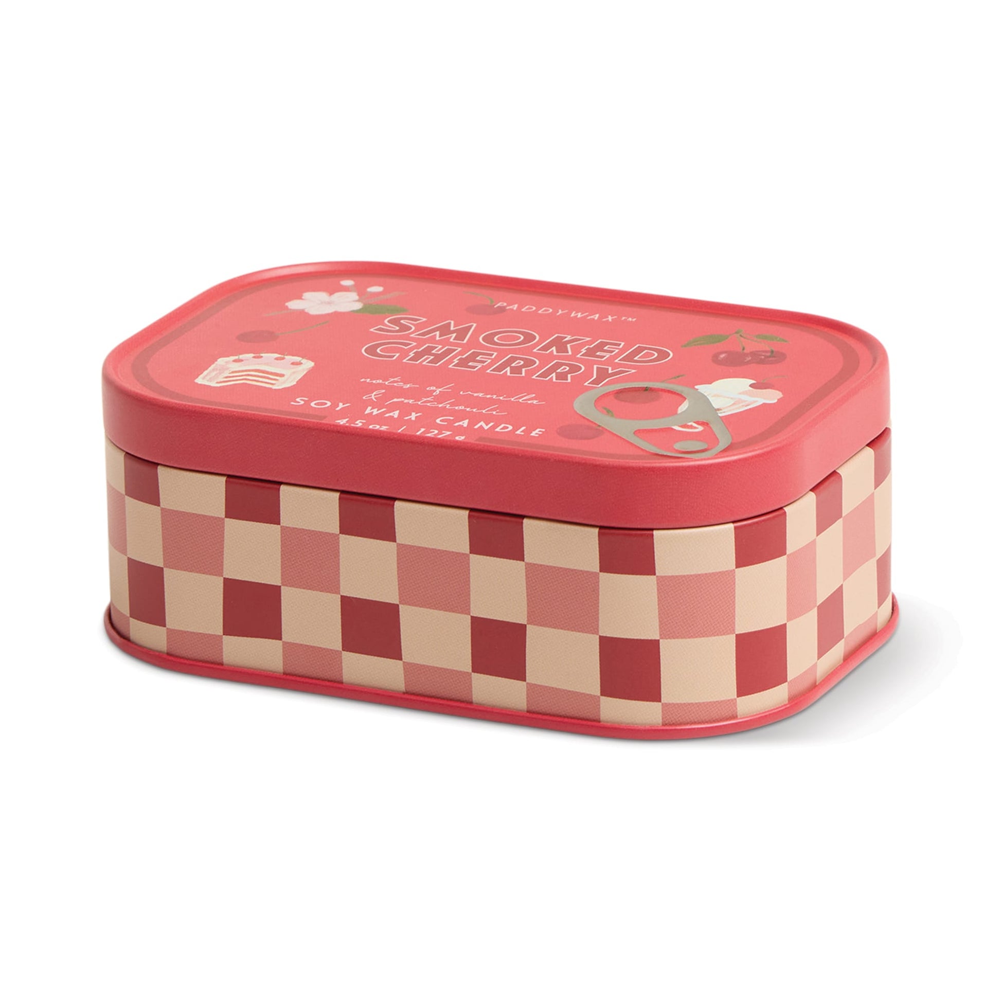 The Smoked Cherry - Bistro 4.5 oz Tin Candle features a red and cream checkered rectangular tin with a pink lid adorned with cherries, cake, and a mug. The lid is labeled "Smoked Cherry" and the candle is made from soy wax.