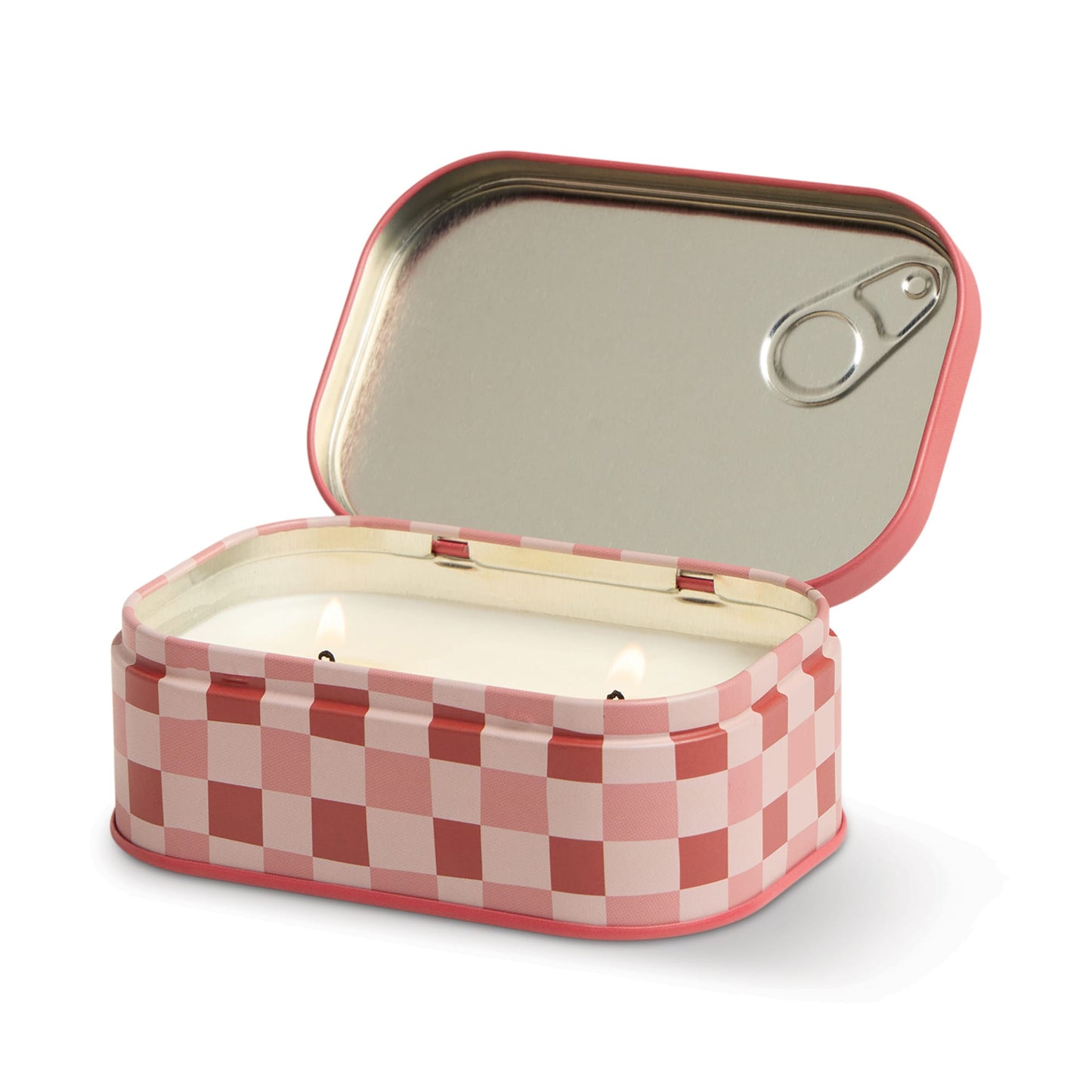 The Smoked Cherry - Bistro 4.5 oz Tin Candle features a pink and white checkered tin resembling a sardine can with its lid partially open, revealing a white, two-wick candle inside.