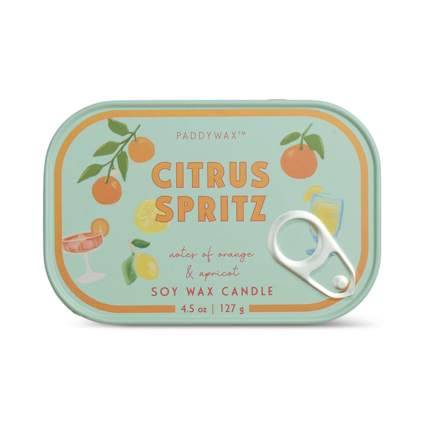 The Citrus Spritz - Bistro 4.5 oz Tin Candle comes in a rectangular sardine tin with a pull-tab lid, decorated with oranges, lemons, cocktails, and leaves, and features notes of orange and apricot on the label.