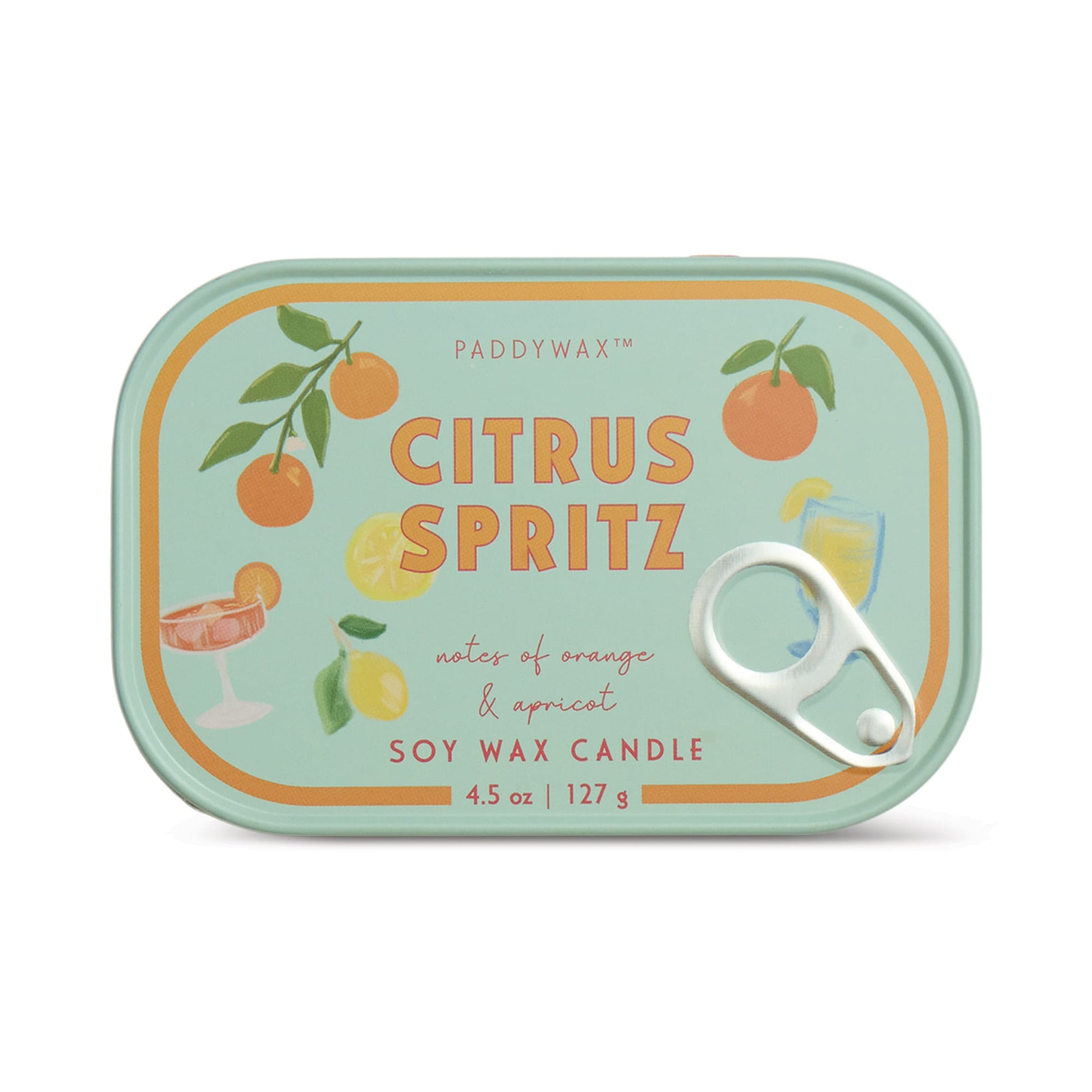 The Citrus Spritz - Bistro 4.5 oz Tin Candle comes in a rectangular sardine tin with a pull-tab lid, decorated with oranges, lemons, cocktails, and leaves, and features notes of orange and apricot on the label.
