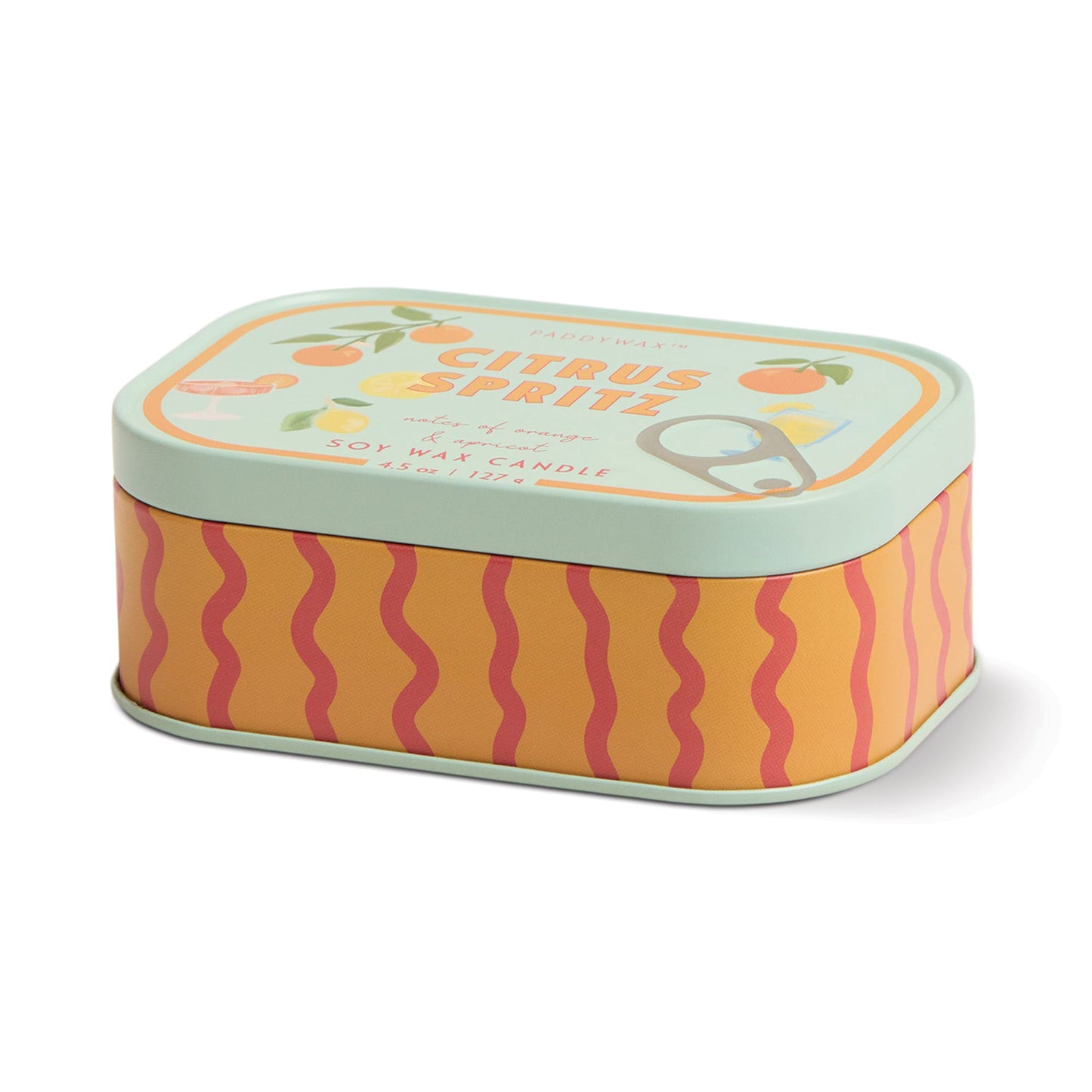 The Citrus Spritz - Bistro 4.5 oz Tin Candle features a rectangular tin with a mint green lid, orange and lemon illustrations, and an orange-yellow striped base inspired by poolside cocktails. The tin holds a soy wax candle.