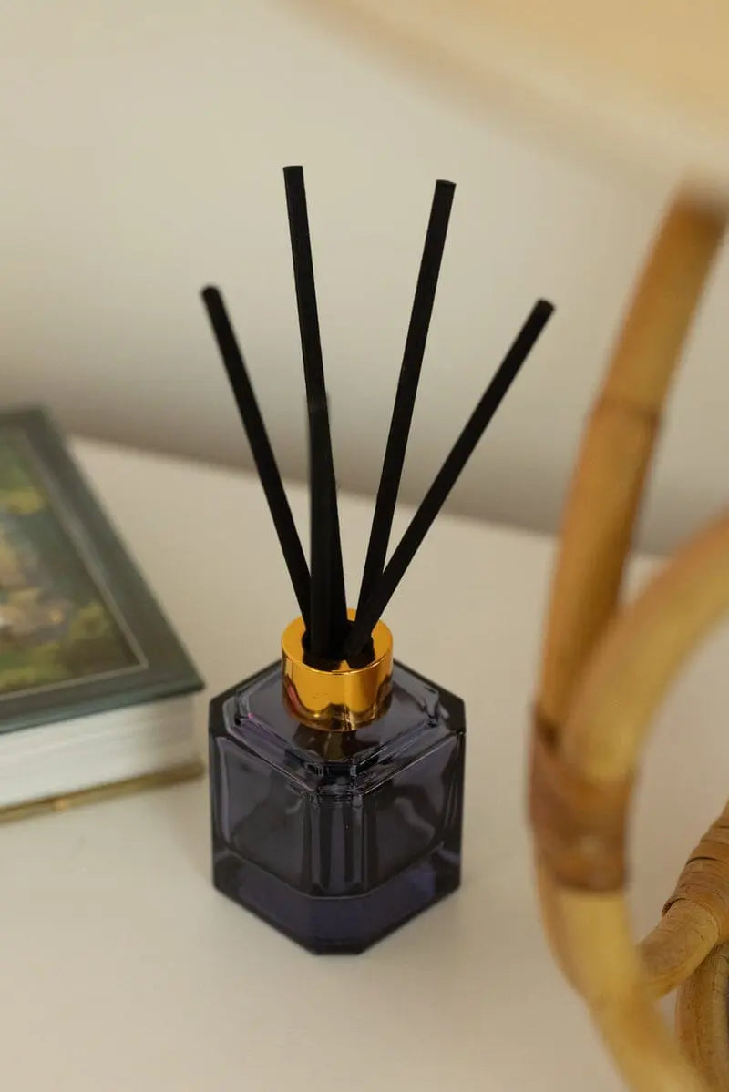 The Sea Salt + Amber - Botanica Diffuser 2.88 oz with black reeds sits on a white surface beside a closed book and rattan chair arm, filling the space with a modern, serene fragrance from the Luxurious Botanica Collection.