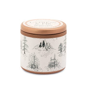 The Cypress & Fir Copper Tin Candle features a round tin with a copper lid and a white label adorned with black line illustrations of trees and mountains, creating a nature-inspired look.