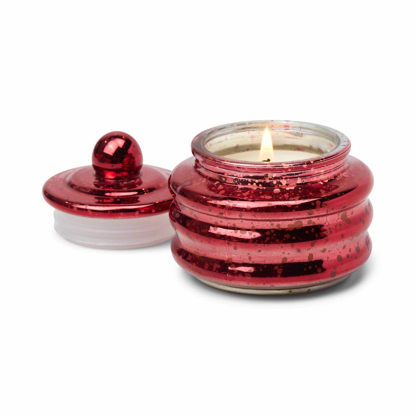 The Winter Berry - Beam 3 oz Candle features a shiny red ribbed glass jar with a matching lid. Its metallic finish reflects light, making it an ideal holiday gift or festive stocking stuffer.
