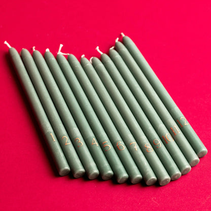 Twelve green Cypress + Fir Taper candles, each numbered 1 to 12 in gold, are arranged in a row on a vibrant pink background to create the Cypress + Fir Taper 12 Days of Christmas Countdown Candle Set—an ideal choice for festive holiday gifting.
