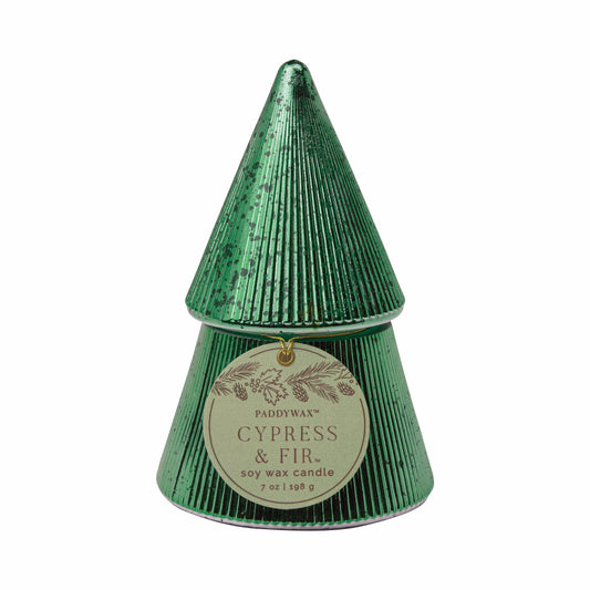 A green, ribbed candle container shaped like a Christmas tree evokes vintage mercury glass. A round label on the front reads "Paddywax Cypress + Fir Green Tree - 7 oz Candle, soy wax, 198g.
