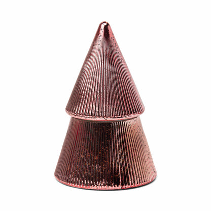 A pink-hued, cone-shaped metallic candle with ribbed texture and a wider base, stacked like a stylized tree—reminiscent of the enchanting Pink Peppermint Tree - 7 oz Candle made from shimmering mercury glass.