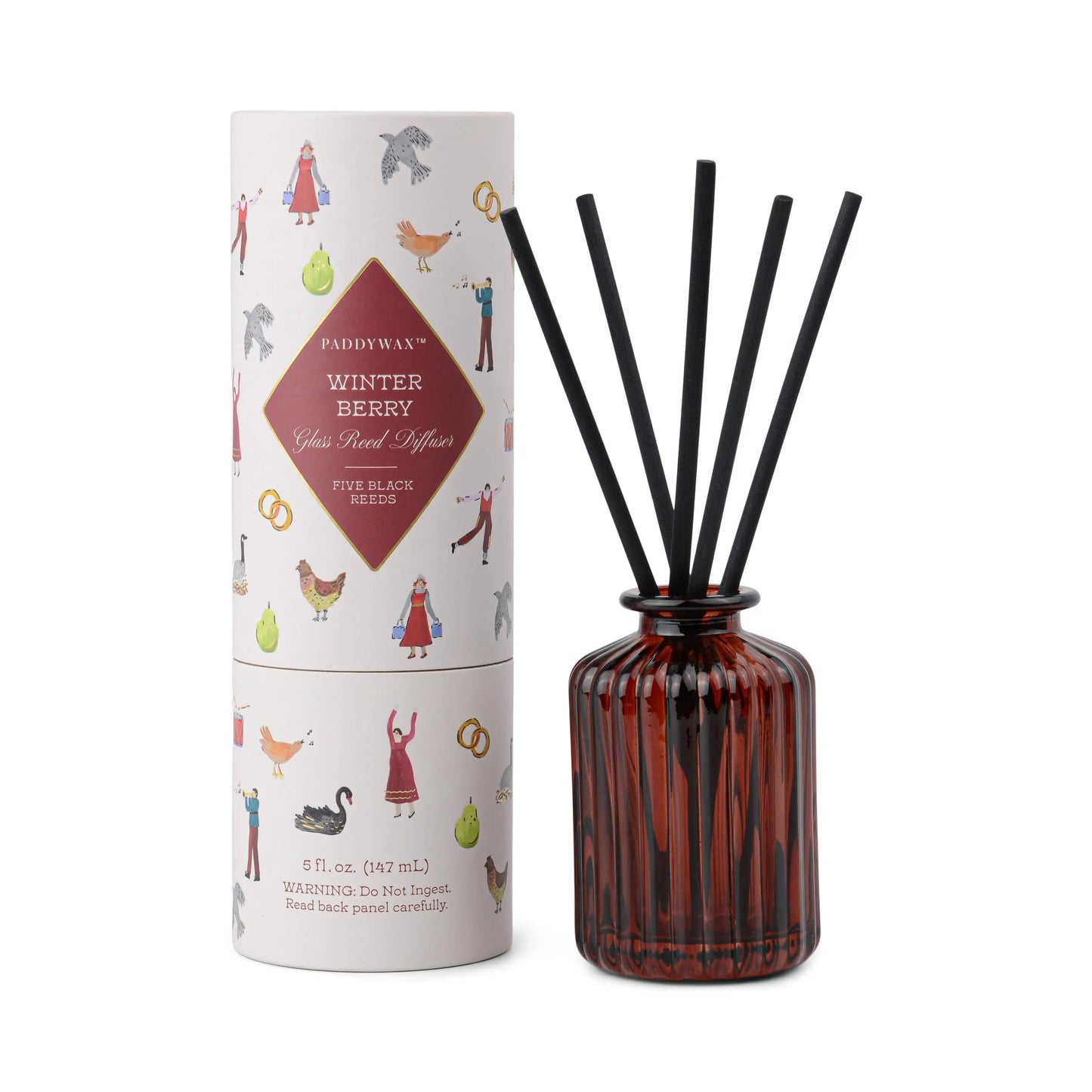 5 FL OZ (147 mL) RED (PMS 1815 C) RIBBED GLASS DIFFUSER WITH PRINTED TUBE AND 5 FIBER BLACK REED Paddywax