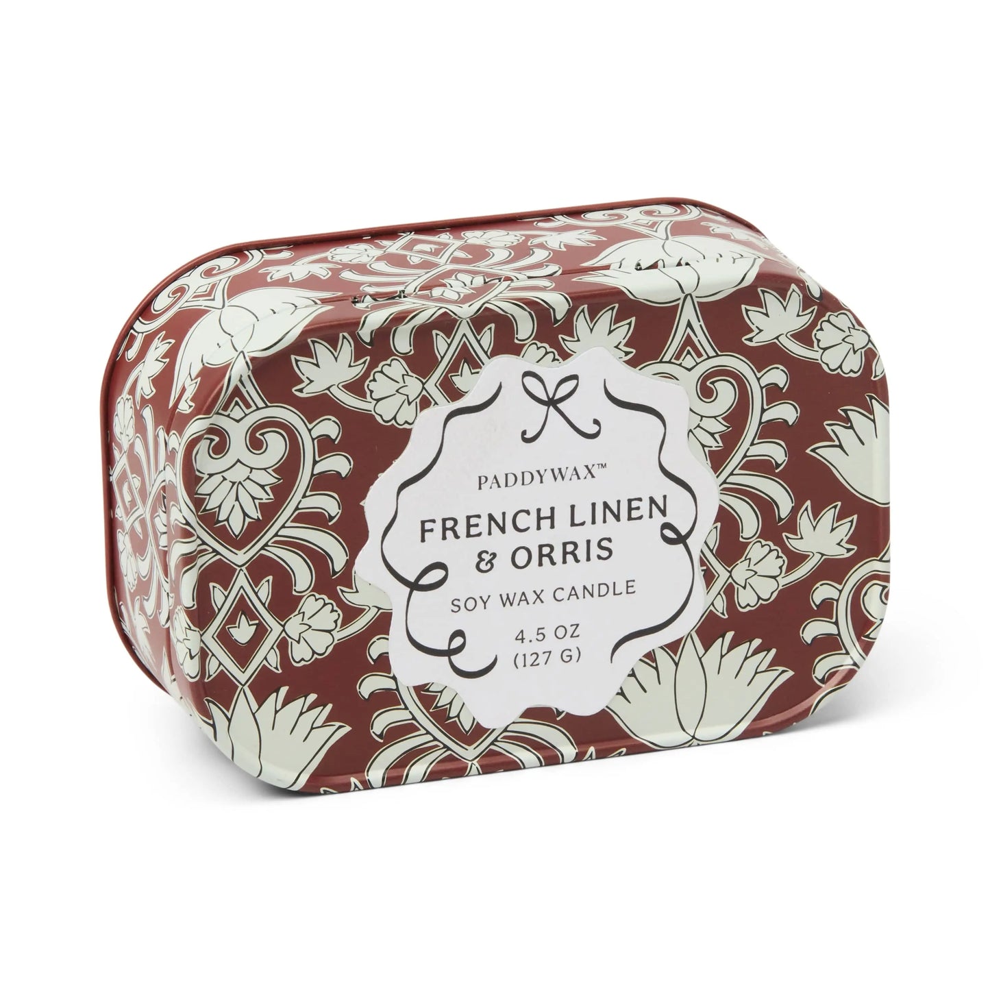 Cherie 4.5 oz Tin Candle - French Linen & Orris on white background. 