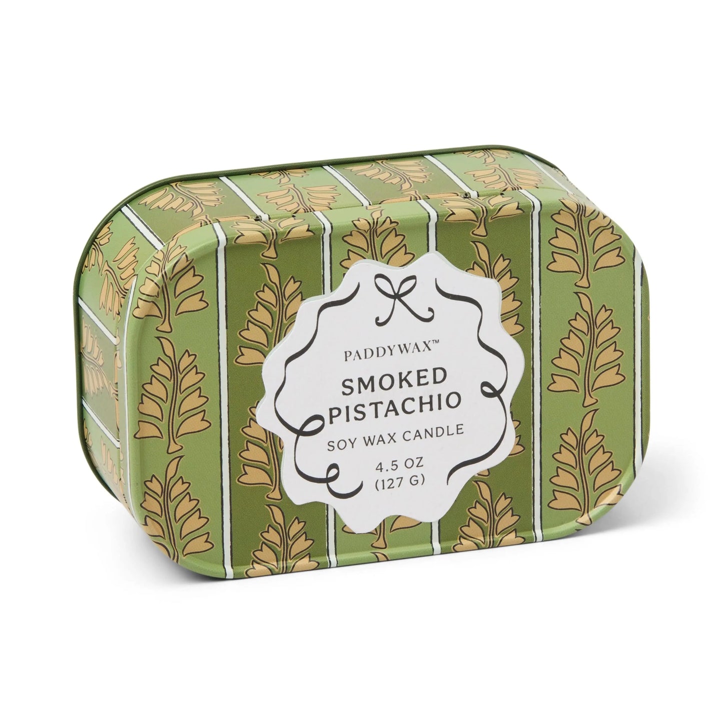 Cherie 4.5 oz Tin Candle - Smoked Pistachio on white background. 