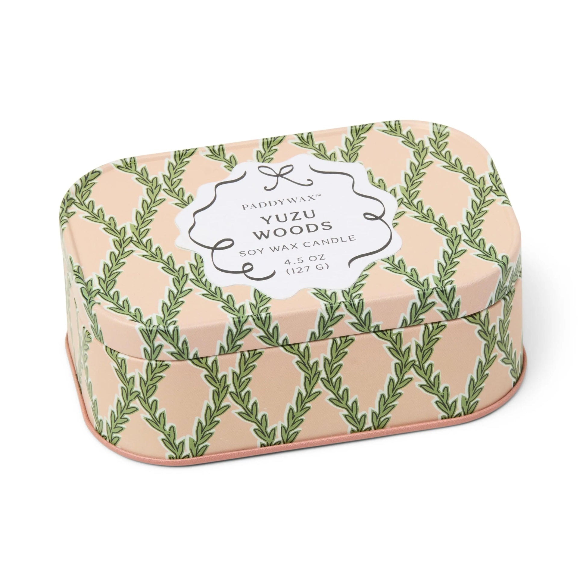 Cherie 4.5 oz Tin Candle - Yuzu Woods on white background. 