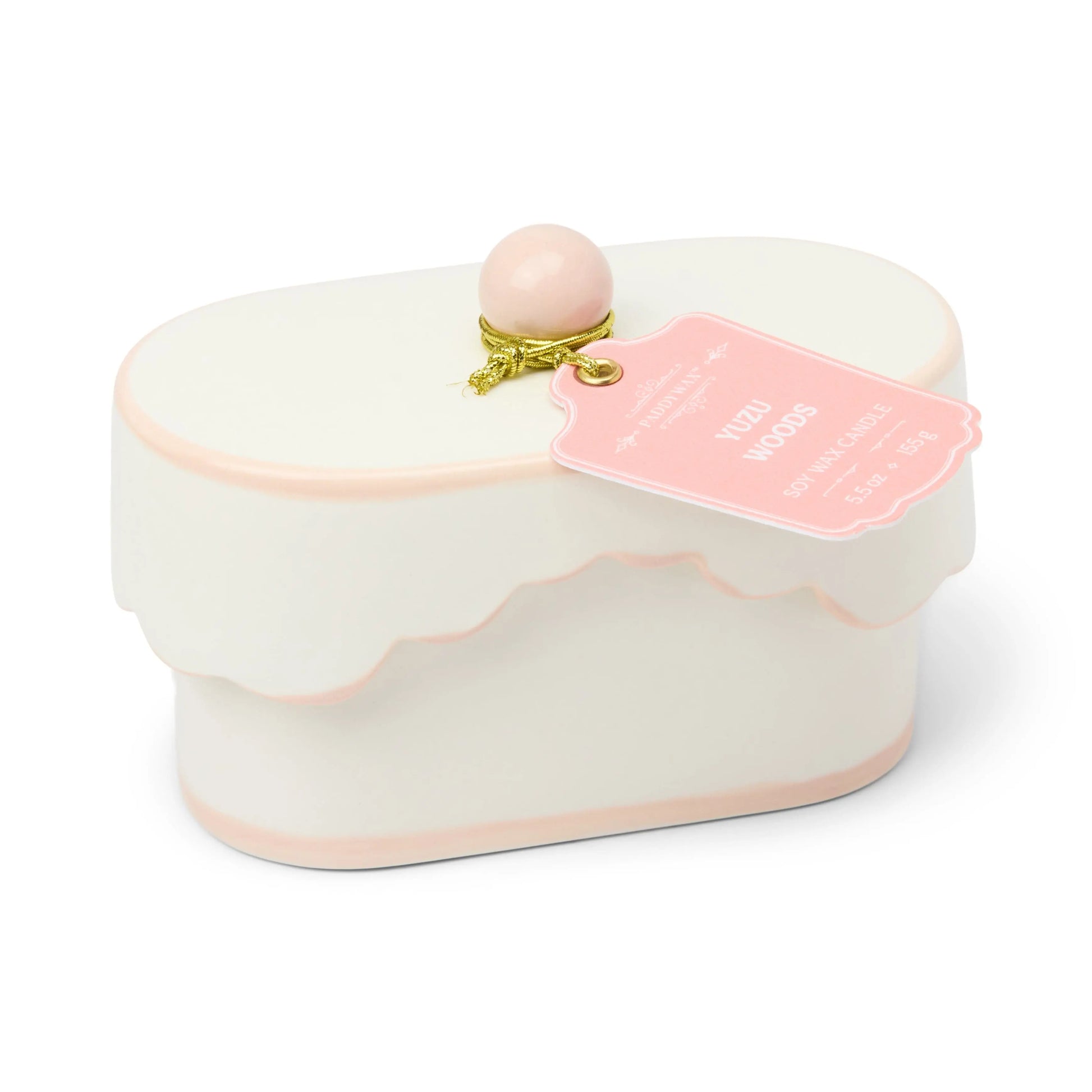 Cherie 5.5 oz Ceramic Candle - Yuzu Woods on white background. 