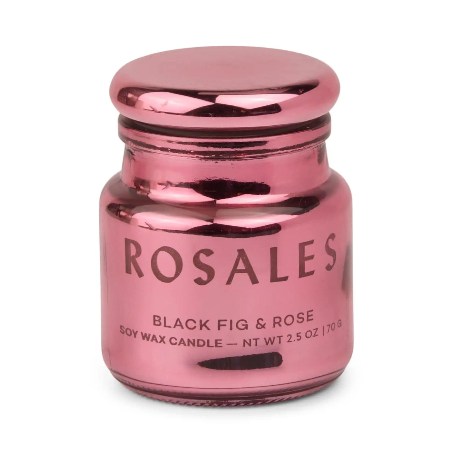 A metallic pink electroplated glass jar labeled Saffron Rose - Chroma Candle 2.5 oz is displayed against a white background.