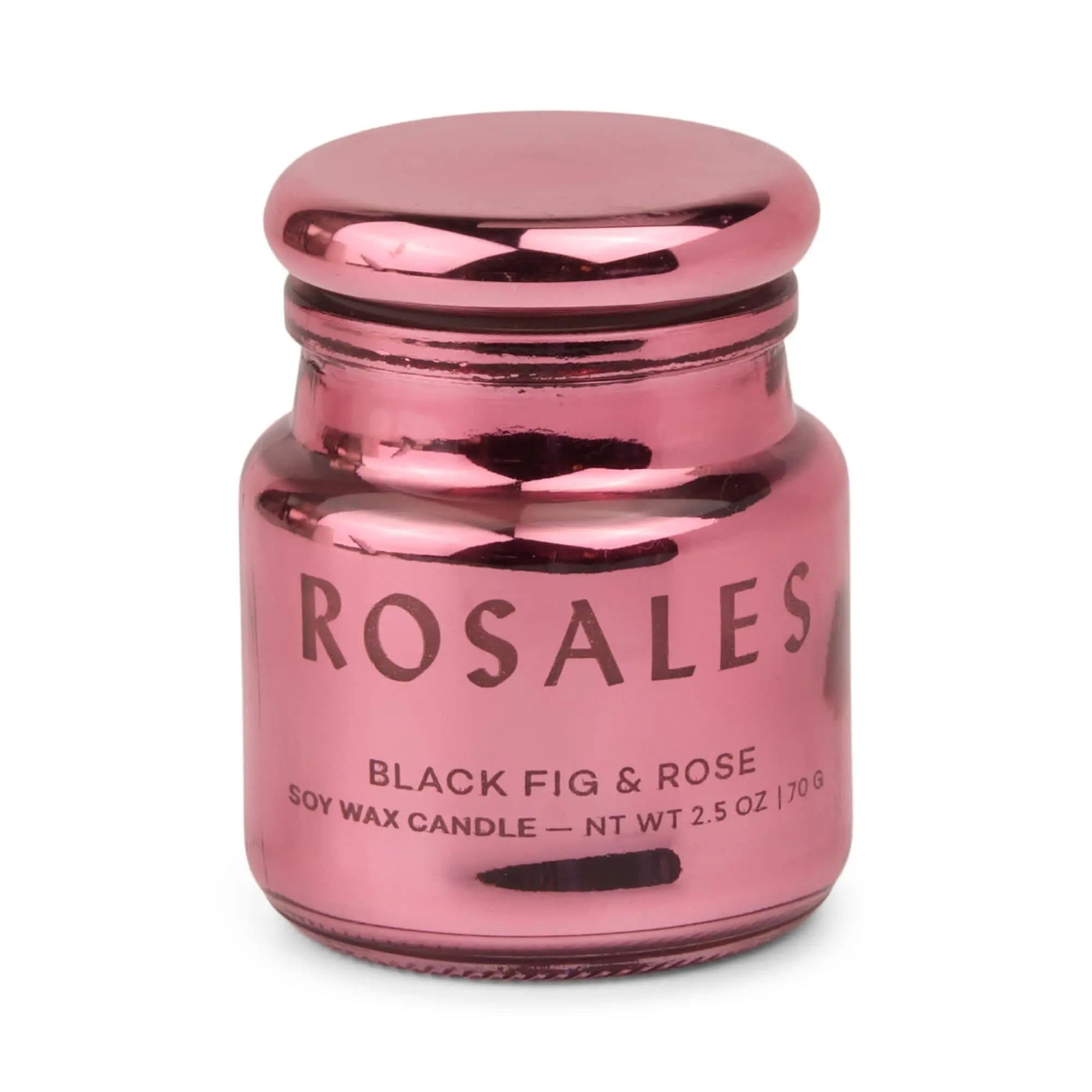 A metallic pink electroplated glass jar labeled Saffron Rose - Chroma Candle 2.5 oz is displayed against a white background.