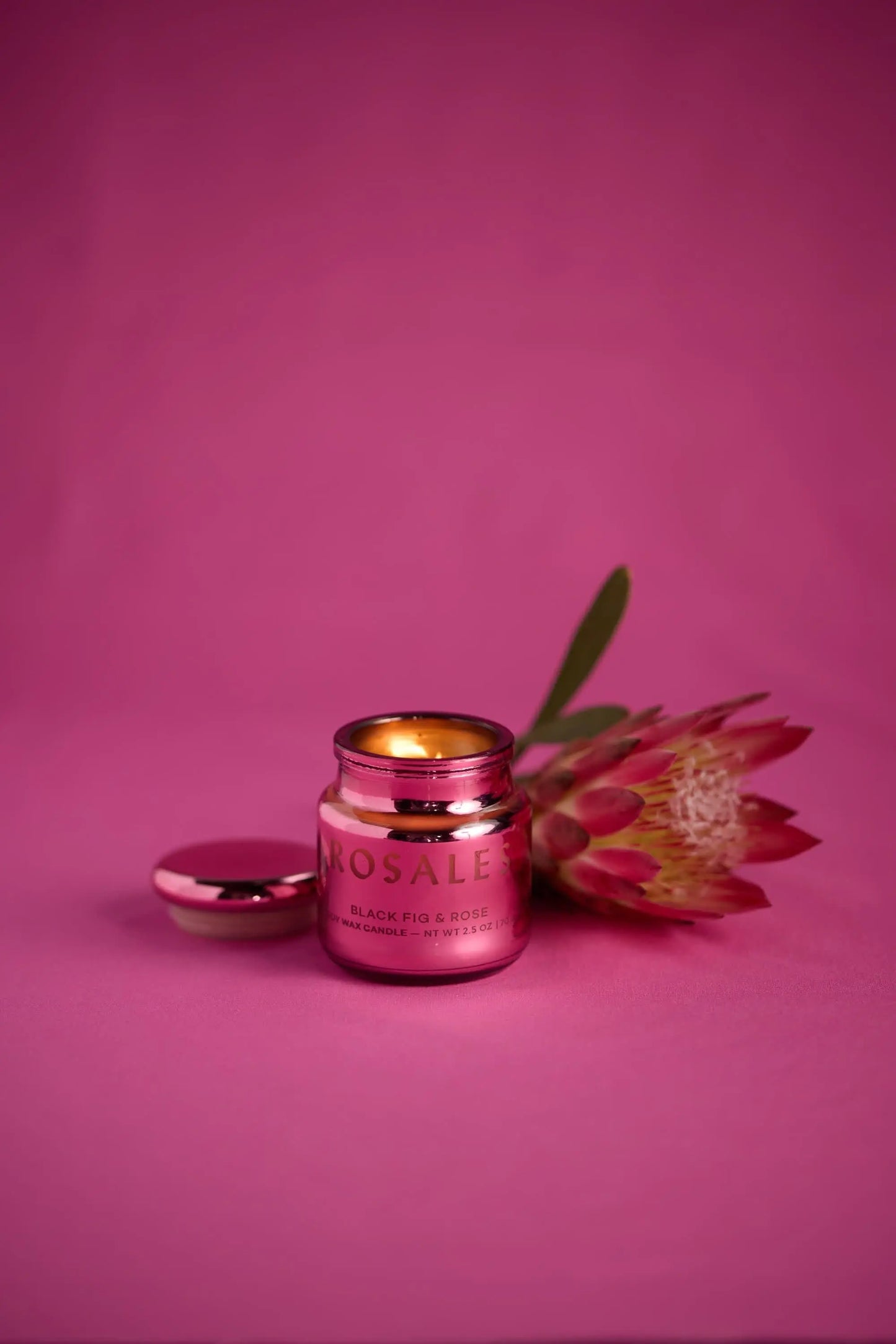 A Saffron Rose - Chroma Candle 2.5 oz in an electroplated glass jar with its lid off sits beside a pink protea flower on a pink background.