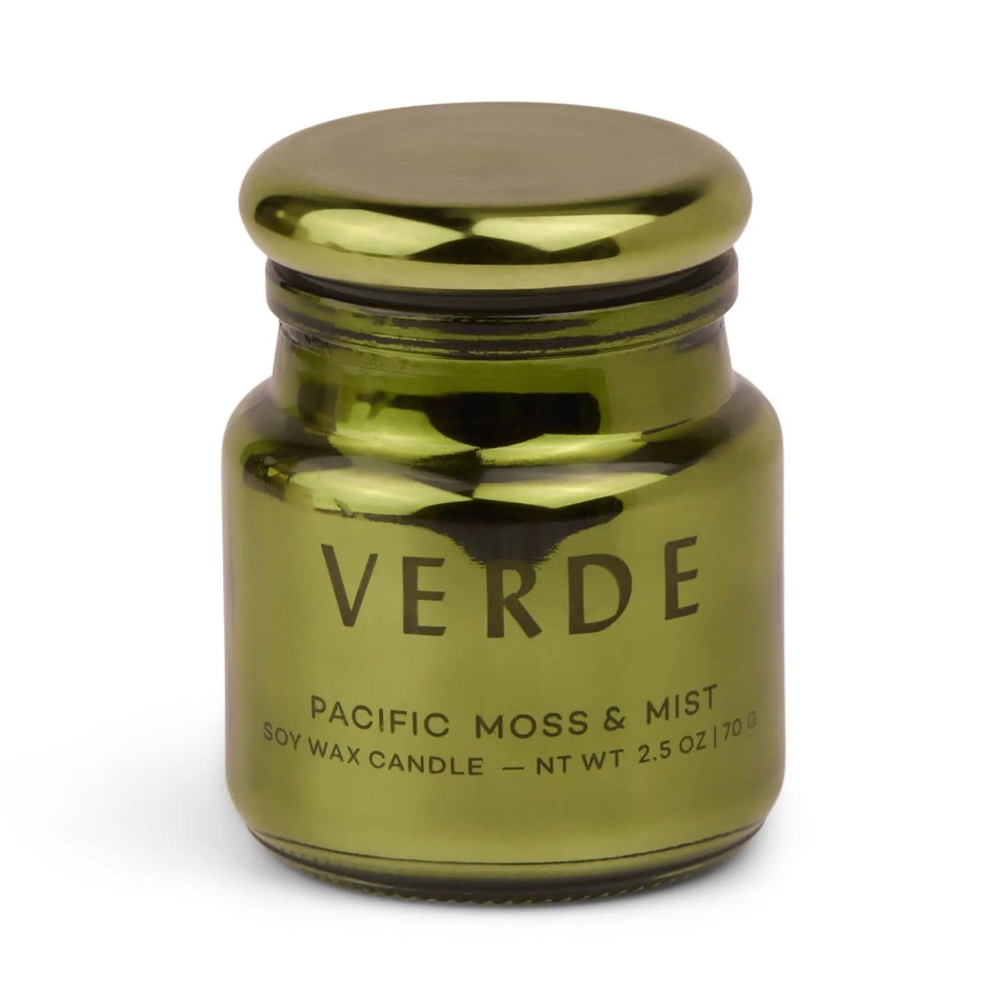 A metallic green glass jar labeled Pacific Moss & Mist - Chroma Candle 2.5 oz, with a matching lid, from the Chroma collection.