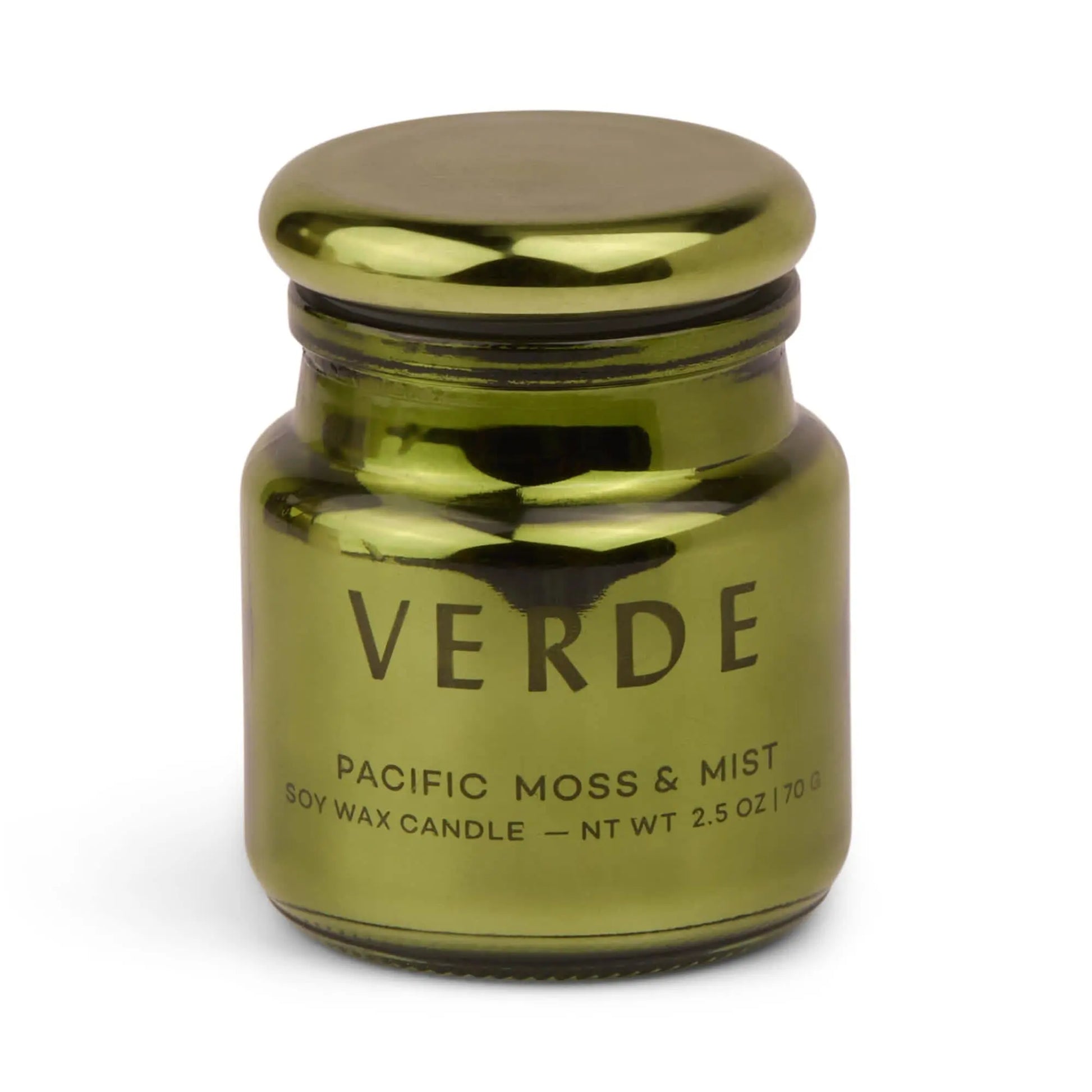 A metallic green glass jar labeled Pacific Moss & Mist - Chroma Candle 2.5 oz, with a matching lid, from the Chroma collection.