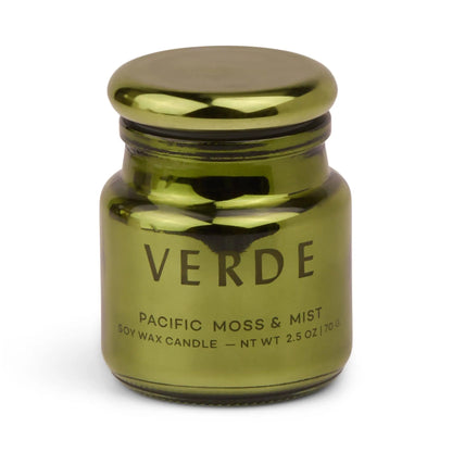 A metallic green glass jar labeled Pacific Moss & Mist - Chroma Candle 2.5 oz, with a matching lid, from the Chroma collection.