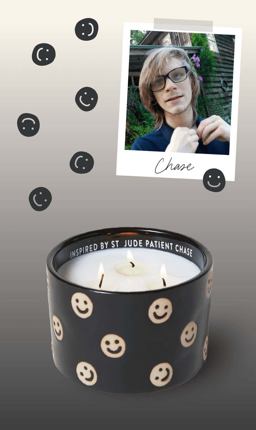 A black candle holder with yellow smiley faces and three wicks sits below a photo of a young person in glasses and a blue shirt. The name Chase is handwritten on the photo, and smiley face graphics decorate the background.