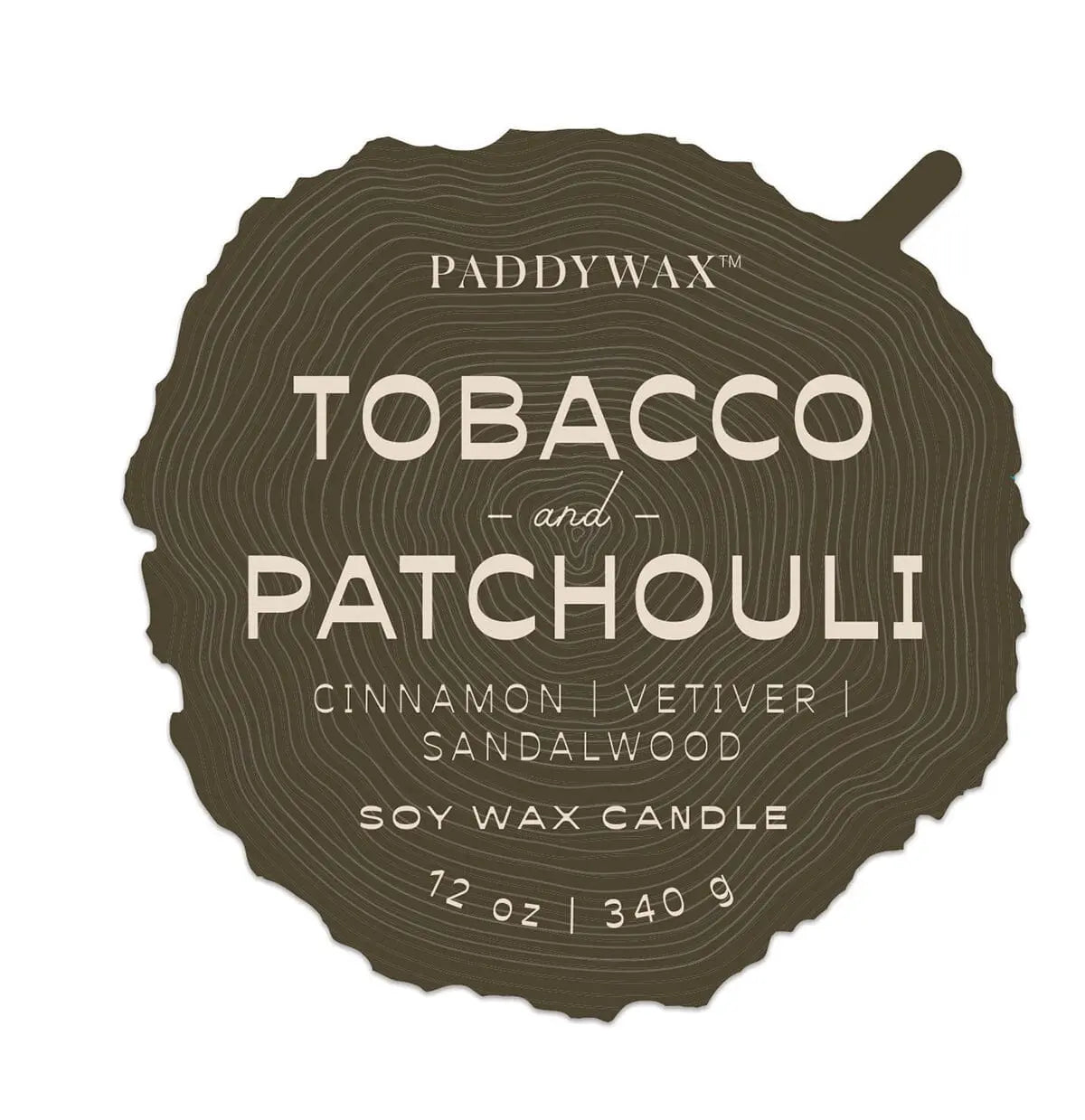 The Tobacco & Patchouli - Grain 12 oz Candle features a brown wood-textured label and a rich blend of cinnamon, vetiver, sandalwood, and patchouli; perfect for fans of woodsy-scented soy candles by Paddywax.