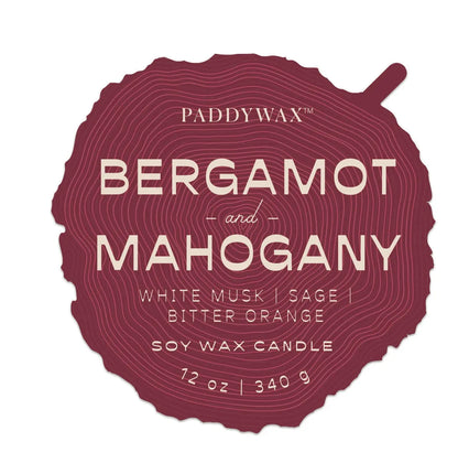 Label for Grain 12 oz Candle—Bergamot & Mahogany scent with white musk, sage, and bitter orange. Part of the Woodgrain Collection, 12 oz (340 g), displayed on a wood-grain background.