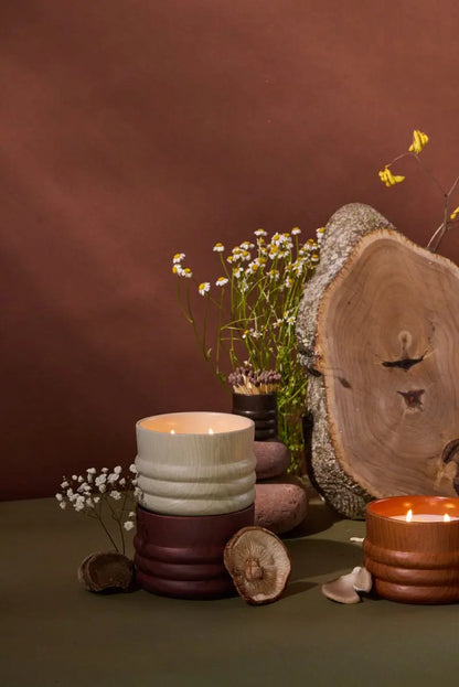 The Hinoki Driftwood - Grain 12 oz Candle is displayed with mushrooms and wildflowers against a brown backdrop, highlighting its natural, earthy woodgrain design.