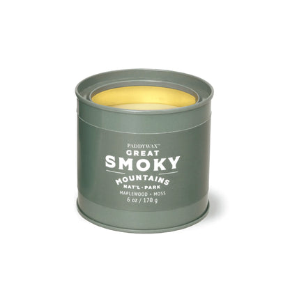 The Great Smoky Mountains - Parks 6 oz Tin Candle features a green tin, yellow wax, and a maplewood & moss scent—an ideal gift for outdoor lovers.
